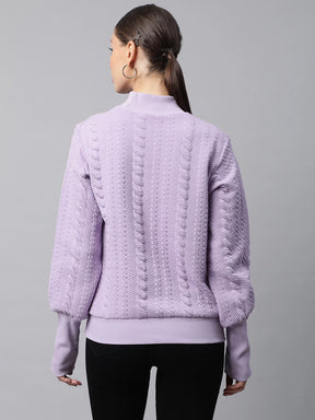 Women Lilac Self Textured Regular Fit Fleece Sweatshirt