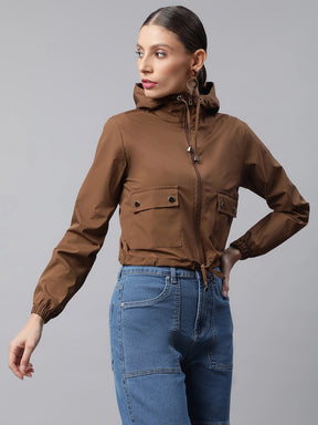 Women Brown Street Style Hooded Crop Jacket