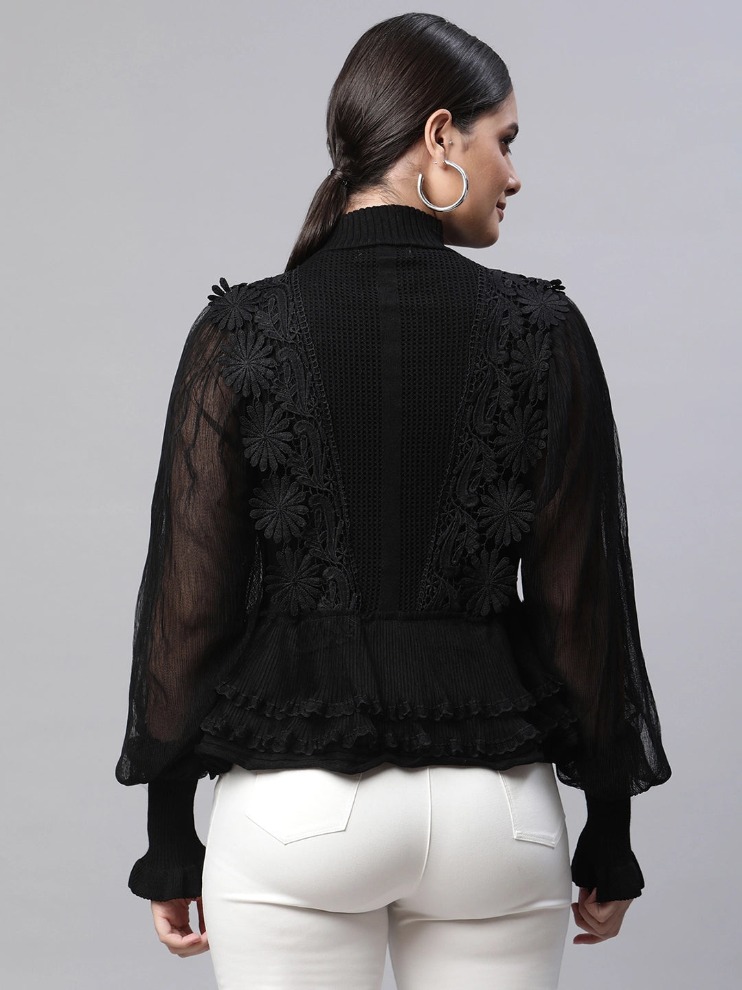 Women Turtle Neck Bishop Full Sleeves Black Lace Regular Fit Viscose Top - Global Republic