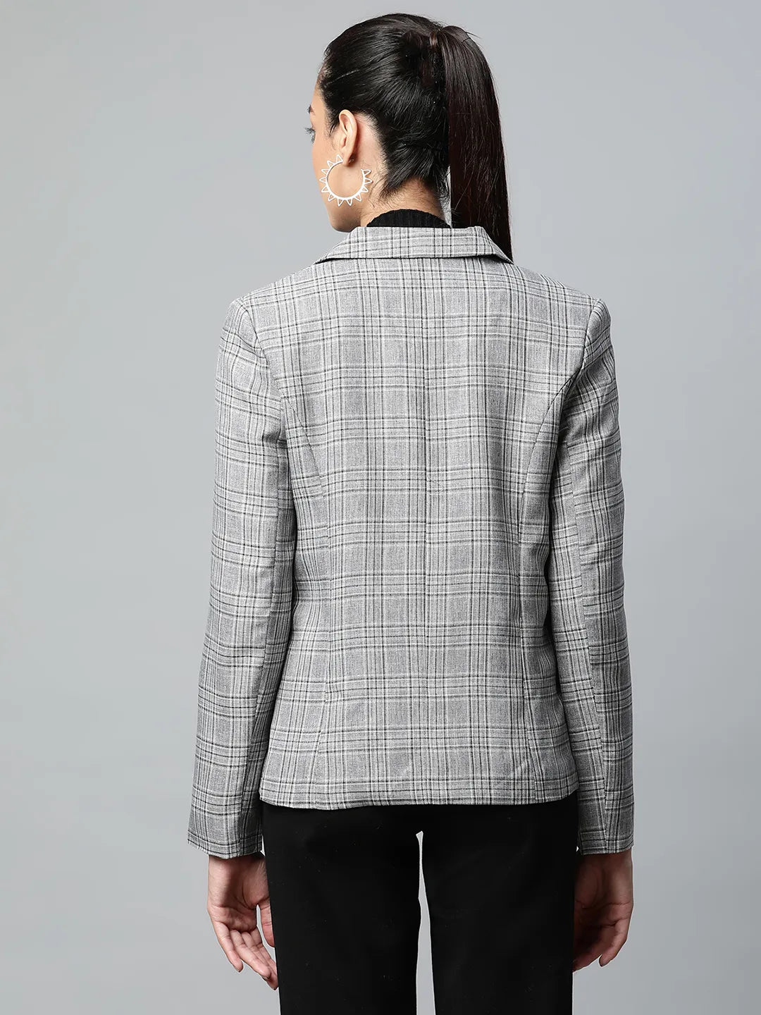 Online Women Grey Notch Collar Princess Panel Checkered Coat