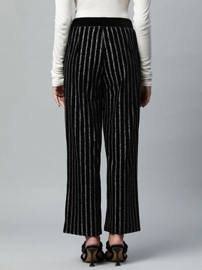 Black Striped Foil Printed Velvet Trousers