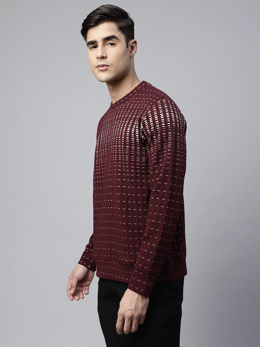 Mens Wine Crew Neck Ombre Textured Regular Fit Sweatshirt