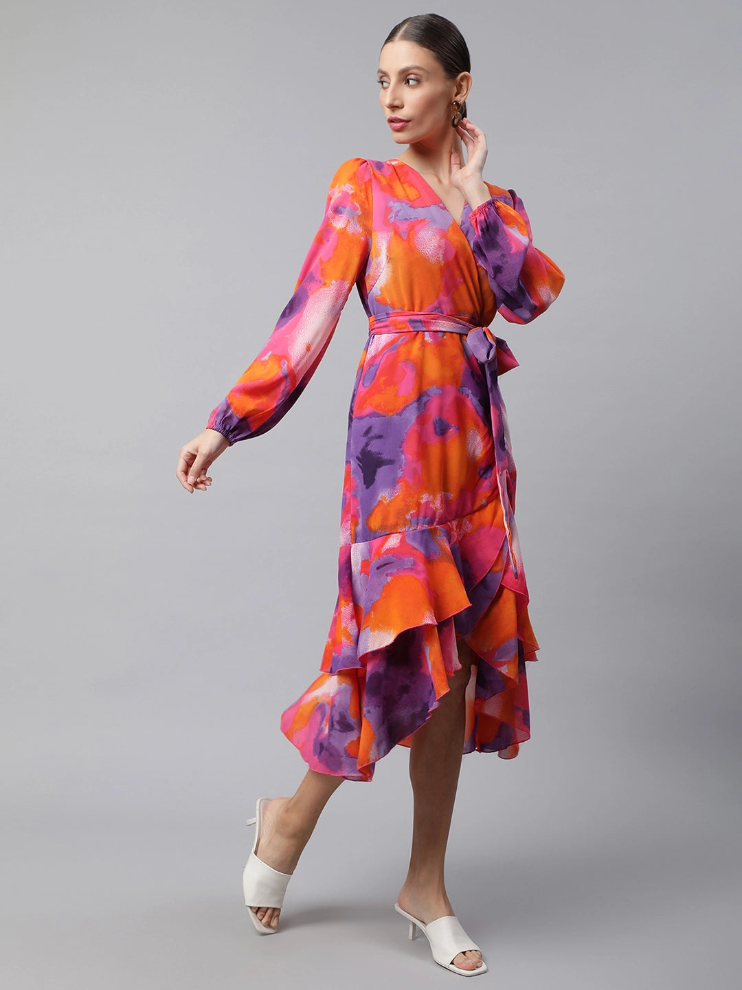 women multi ruffled floral print flared dress