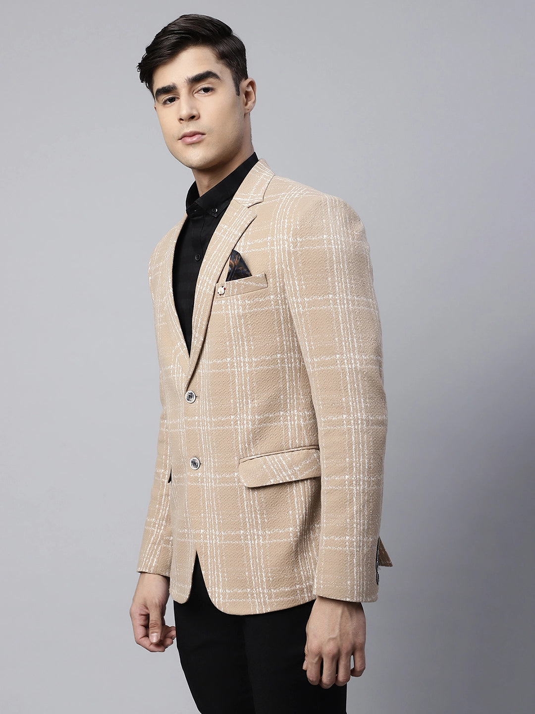 Mens Beige Tailored Fit Textured Check Pattern Coat - Global Republic