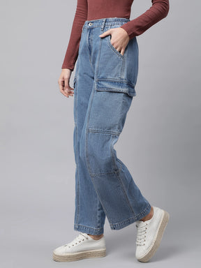 Women Light Blue Elasticated Waist Wide Leg High Rise Jeans