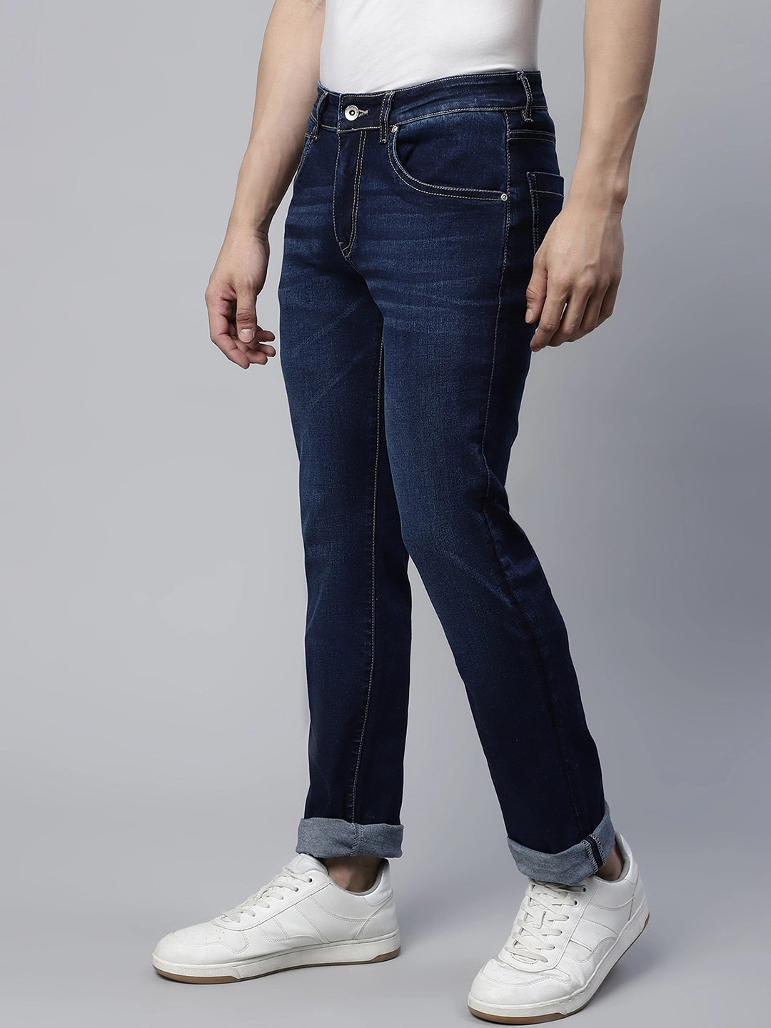 Mens Dark Blue Wiskering Effect Straight Leg Mid Rise Jeans