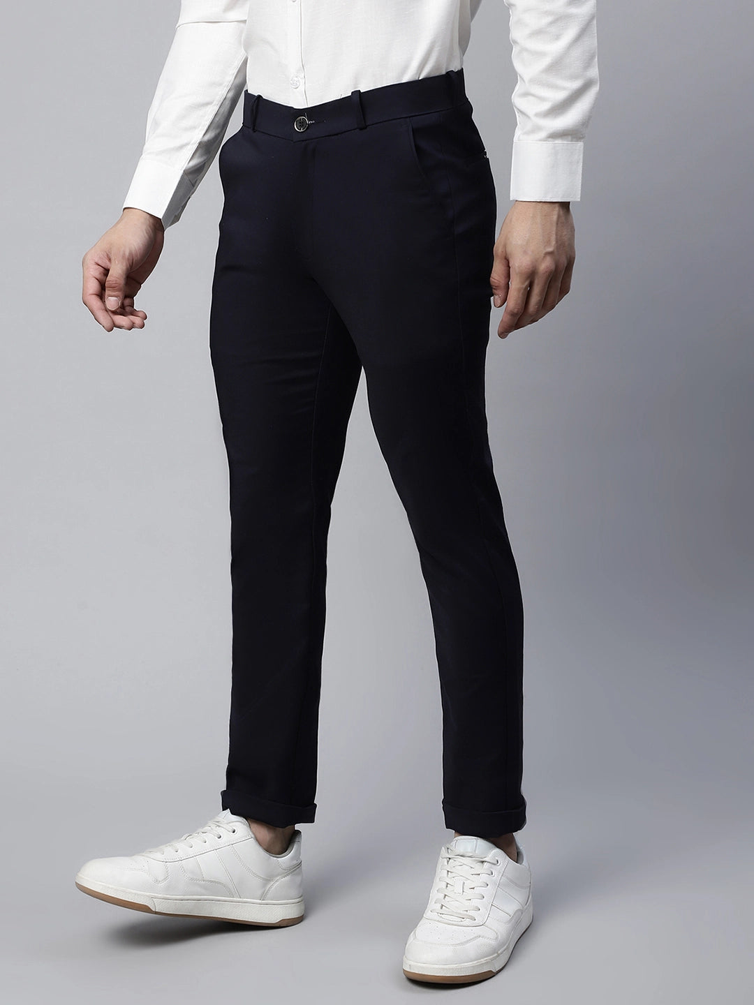 Mens Navy Blue Regular Fit Mid Rise Trouser - Global Republic