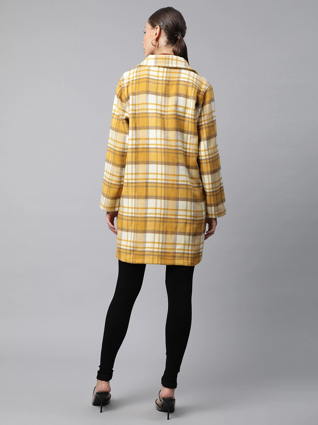 Women Mustard Relaxed Fit Checkered Single Breasted Coat