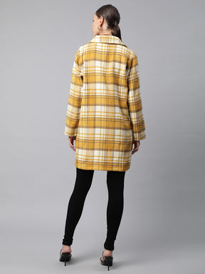 Women Mustard Relaxed Fit Checkered Single Breasted Coat