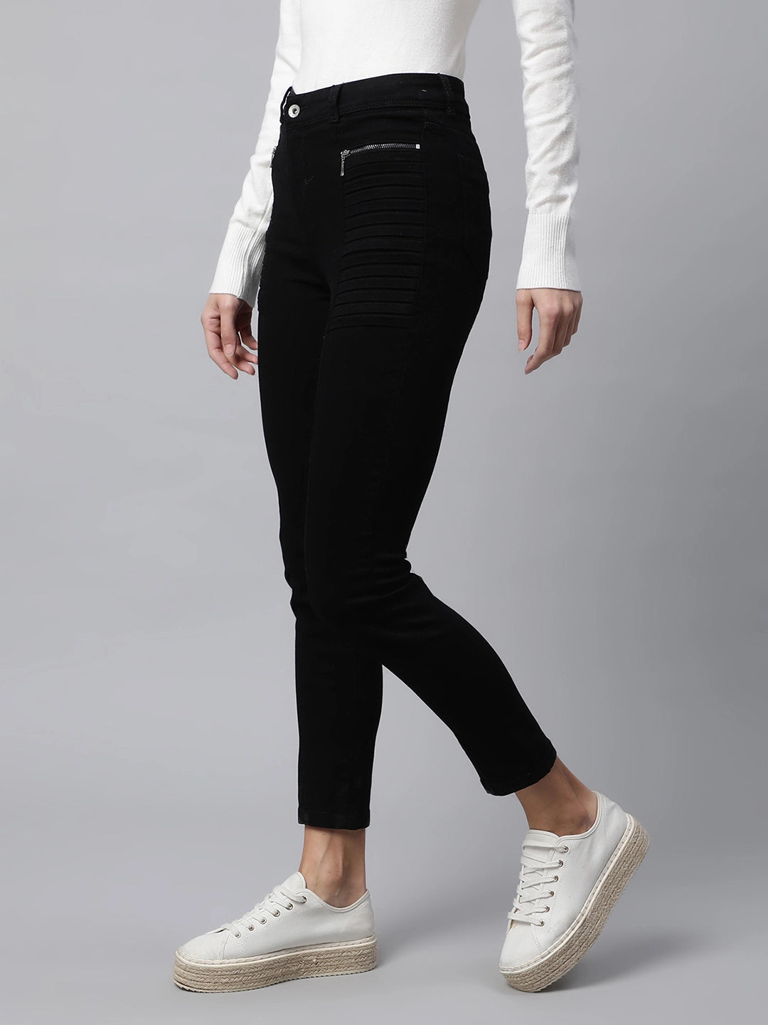 Women Black Tucks Detail Slim Fit Mid Rise Jeans