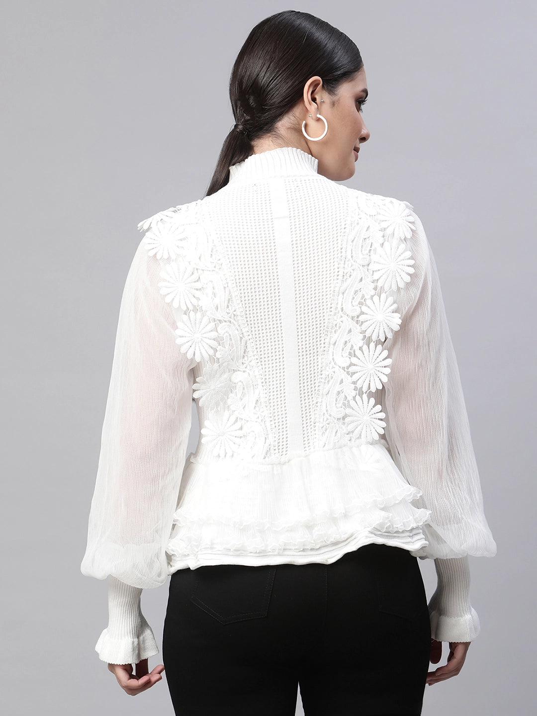 Women Turtle Neck Bishop Full Sleeves White Lace Regular Fit Viscose Top - Global Republic
