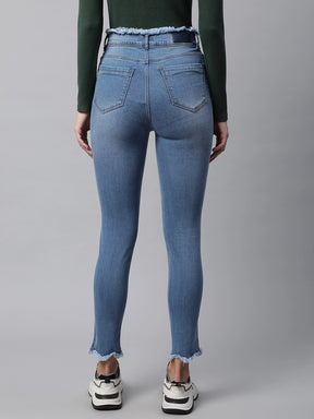 Women Light Blue Fringed Detail Skinny Leg High Rise Jeans