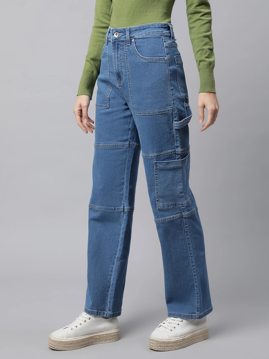 Women Light Blue Pocket Loop Belt Straight Leg Mid Rise Jeans