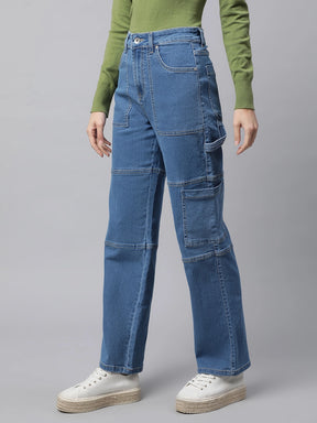 Women Light Blue Pocket Loop Belt Straight Leg Mid Rise Jeans