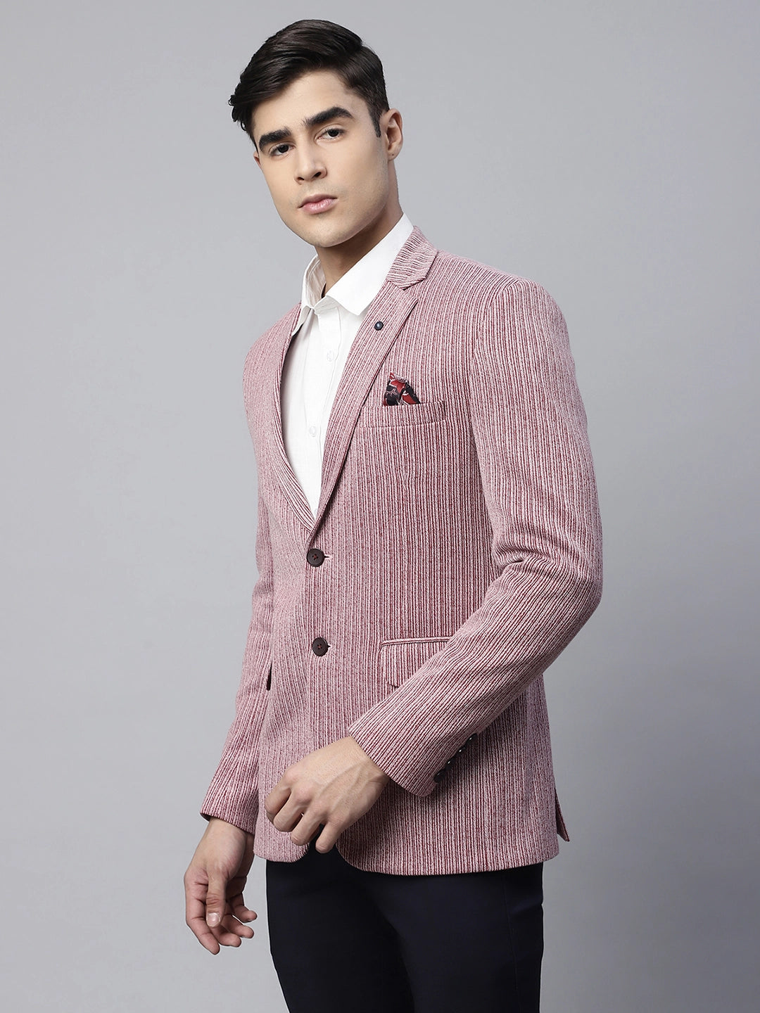 Mens Maroon Tailored Fit Textured Striped Pattern Coat