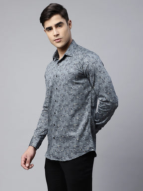 Mens Grey Slim Fit Geometric Printed Casual Shirt