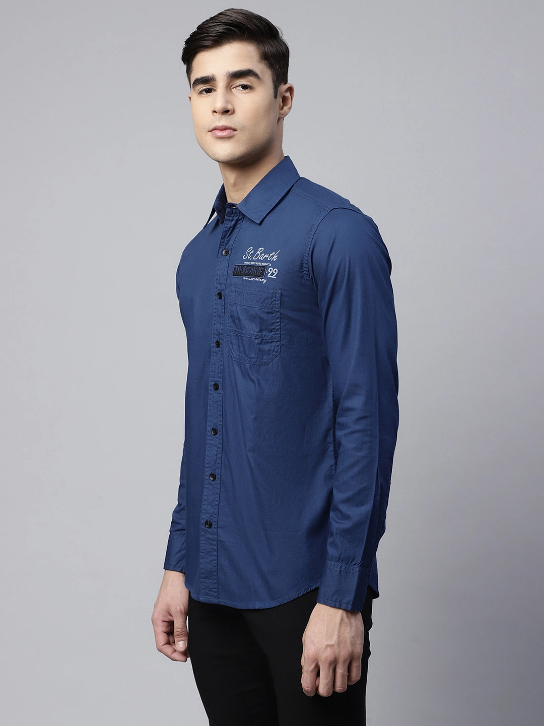 Mens Navy Blue Slim Fit Typographic Print Casual Shirt - Global Republic