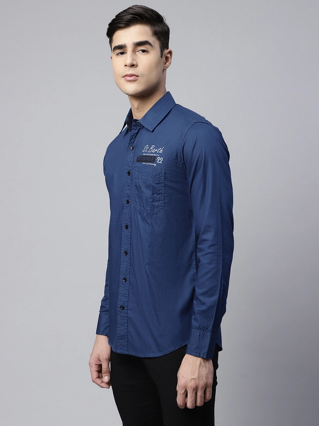 Mens Navy Blue Slim Fit Typographic Print Casual Shirt
