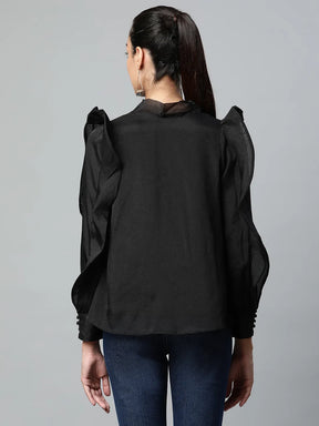 Women Black Tie-Up Neck Ruffle Sleeve Blouse Top