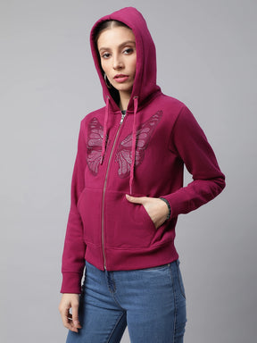 Women Plum Hooded Butterfly Printed Regular Fit Fleece Sweatshirt