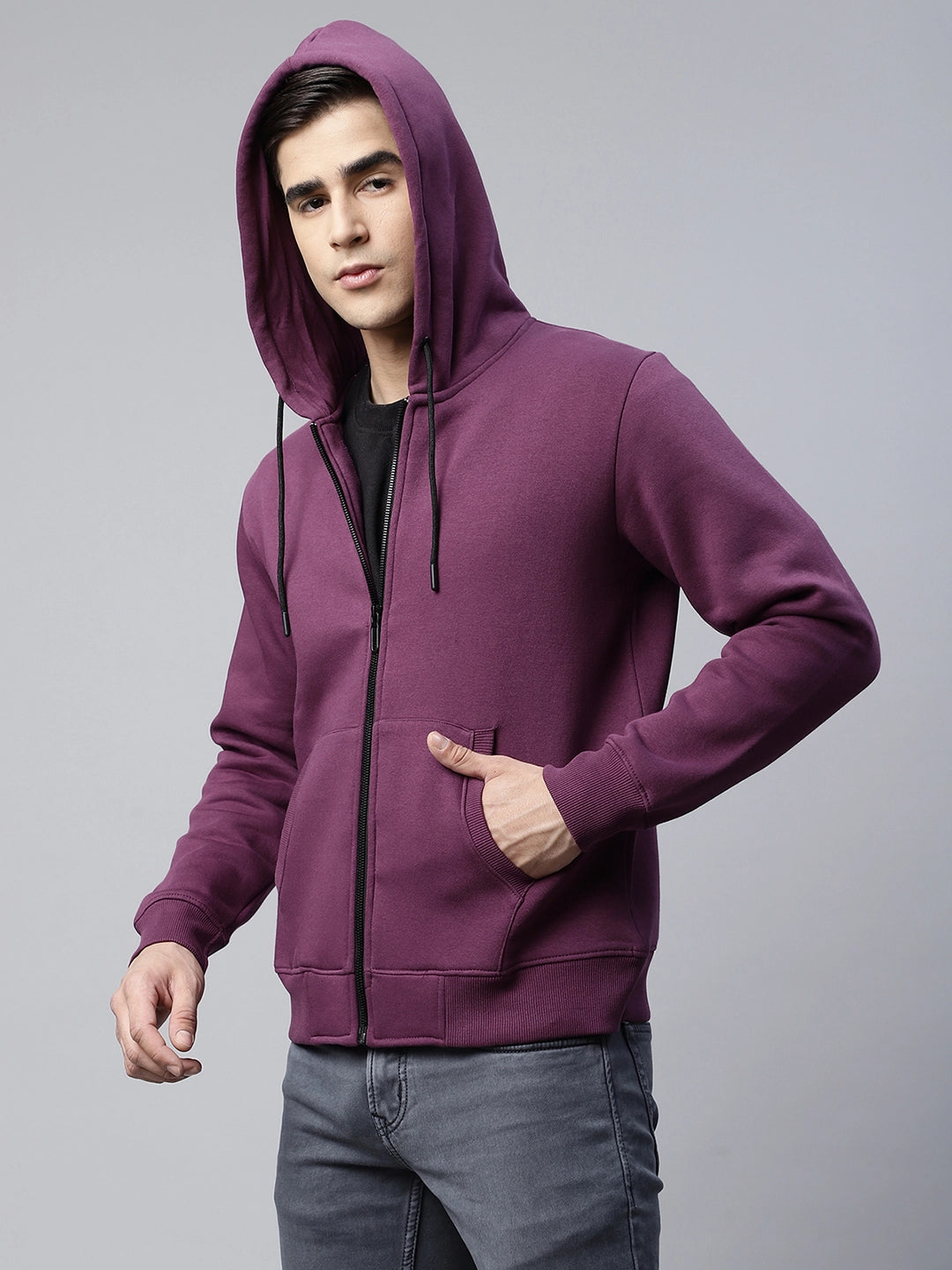 Mens Mulberry Solid Regular Fit Fleece Hooded Sweatshirt