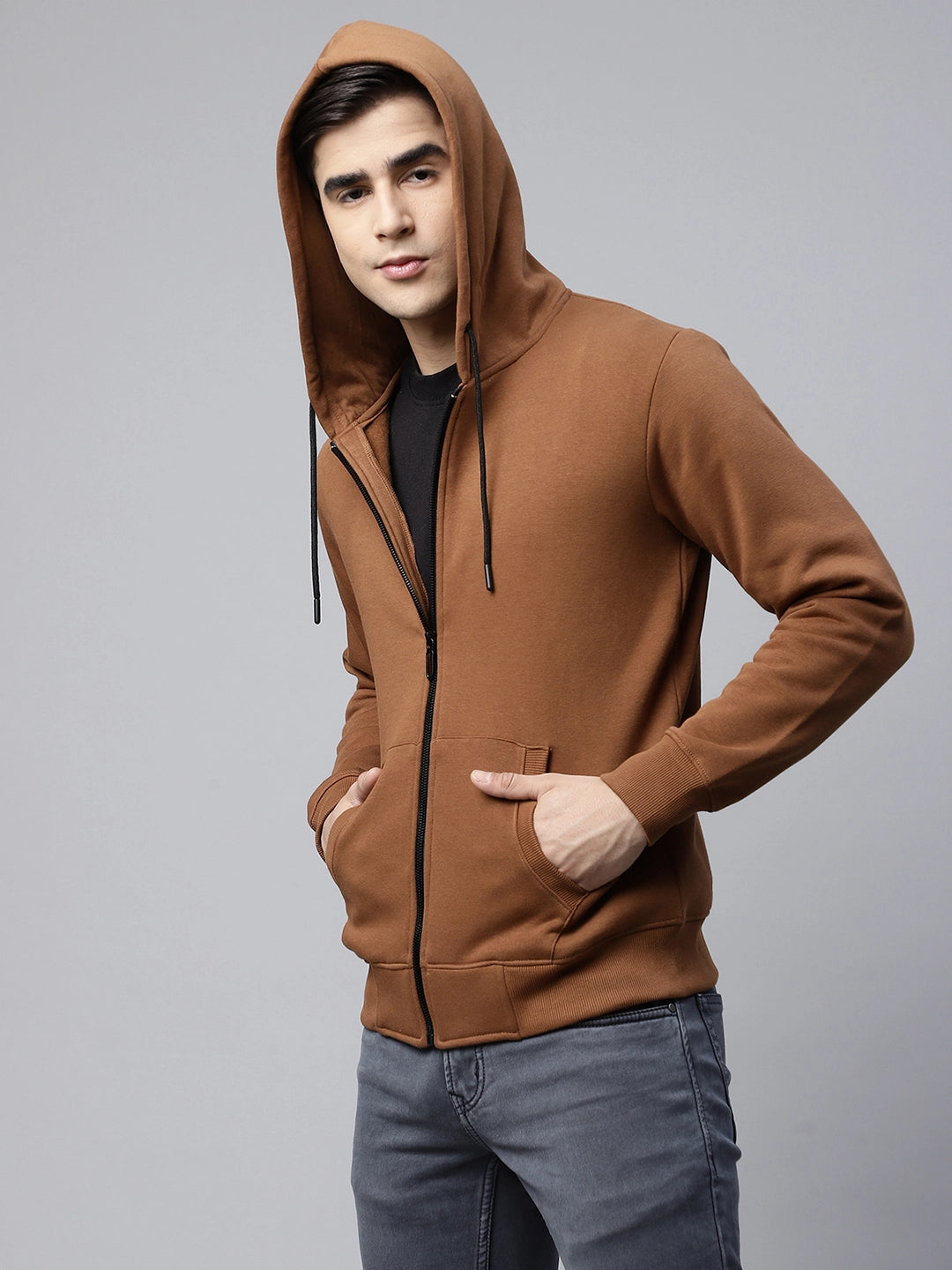 Mens Brown Solid Regular Fit Fleece Hooded Sweatshirt - Global Republic