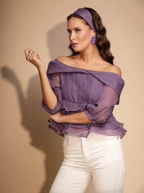 Brown Polyester Off-Shoulder Top