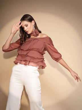 Brown Polyester Off-Shoulder Top