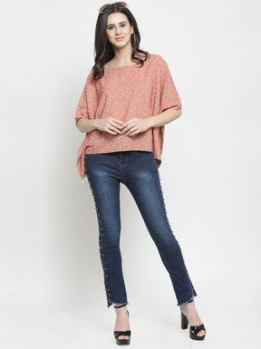Women Peach Printed Boat Neck Ponchu Top