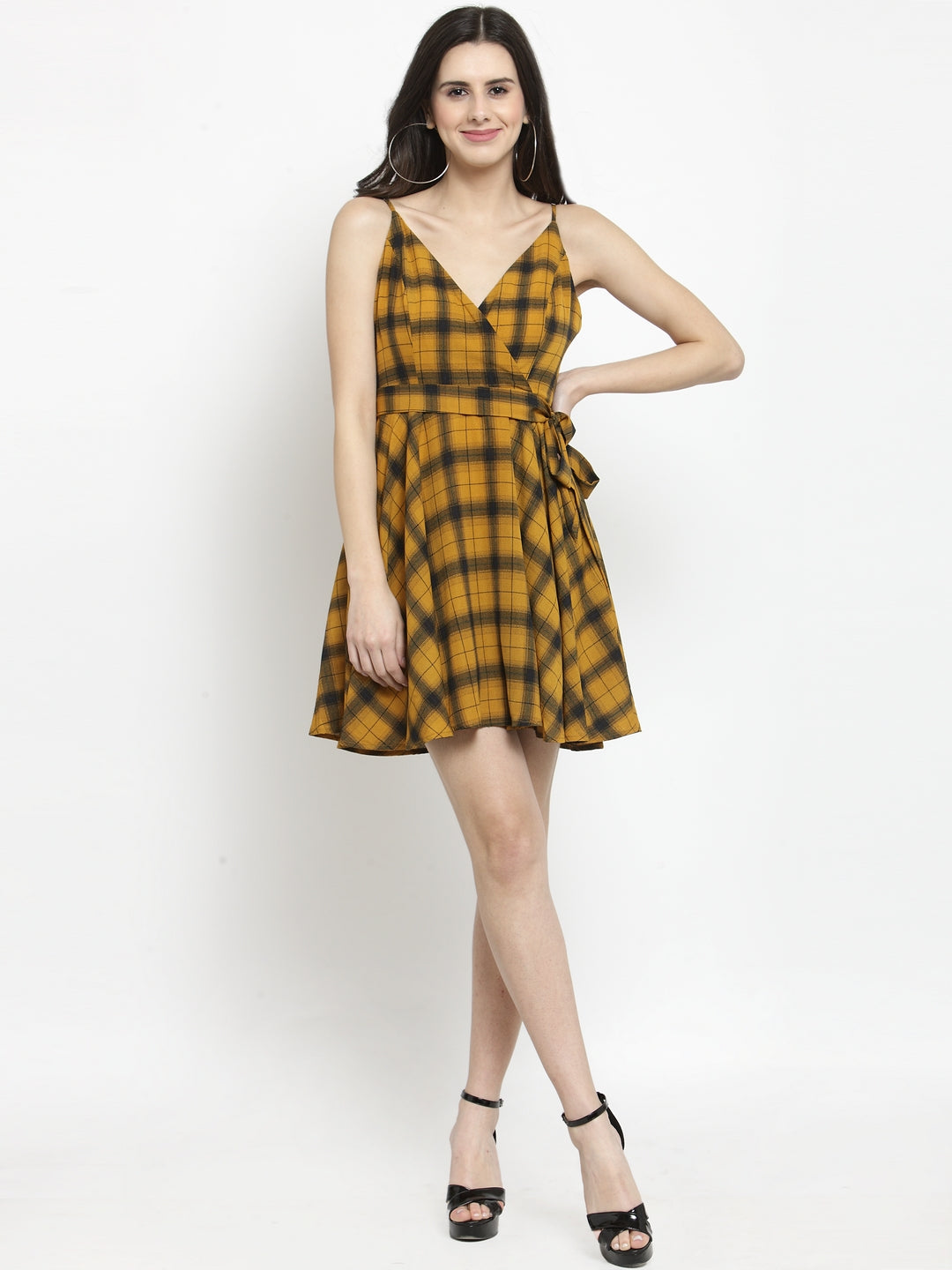 Women Mustard Checked Wrap Dress