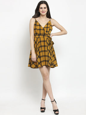 Women Mustard Checked Wrap Dress