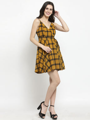 Women Mustard Checked Wrap Dress
