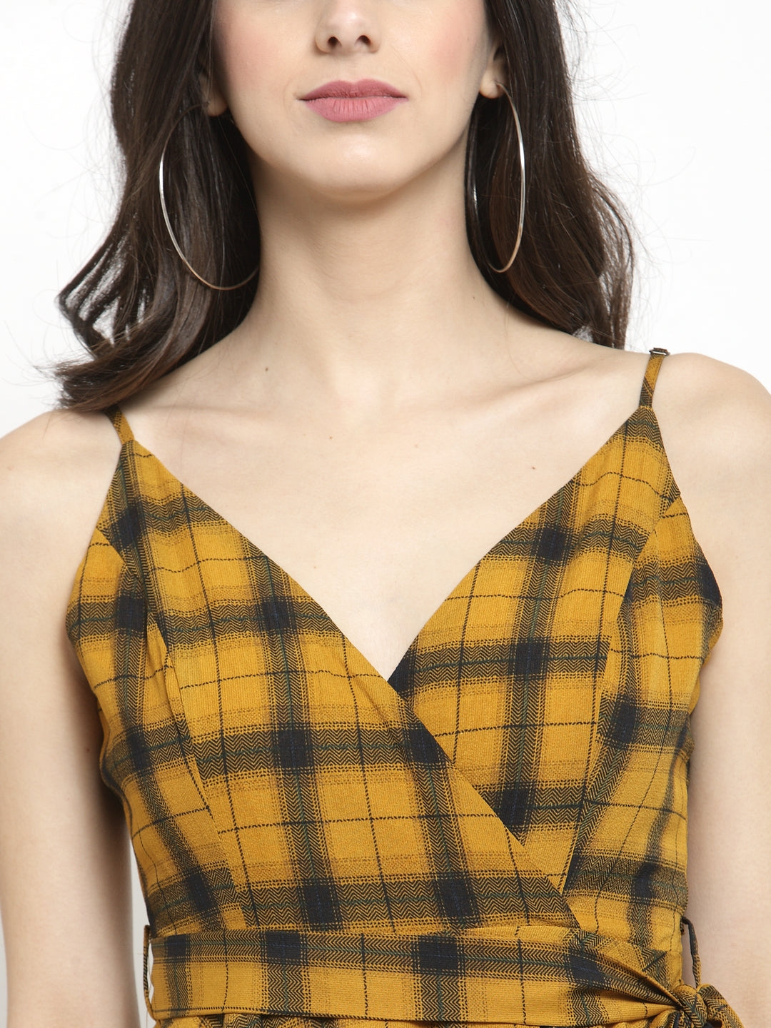 Women Mustard Checked Wrap Dress