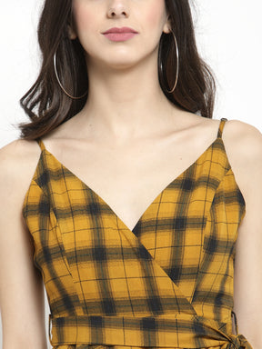 Women Mustard Checked Wrap Dress