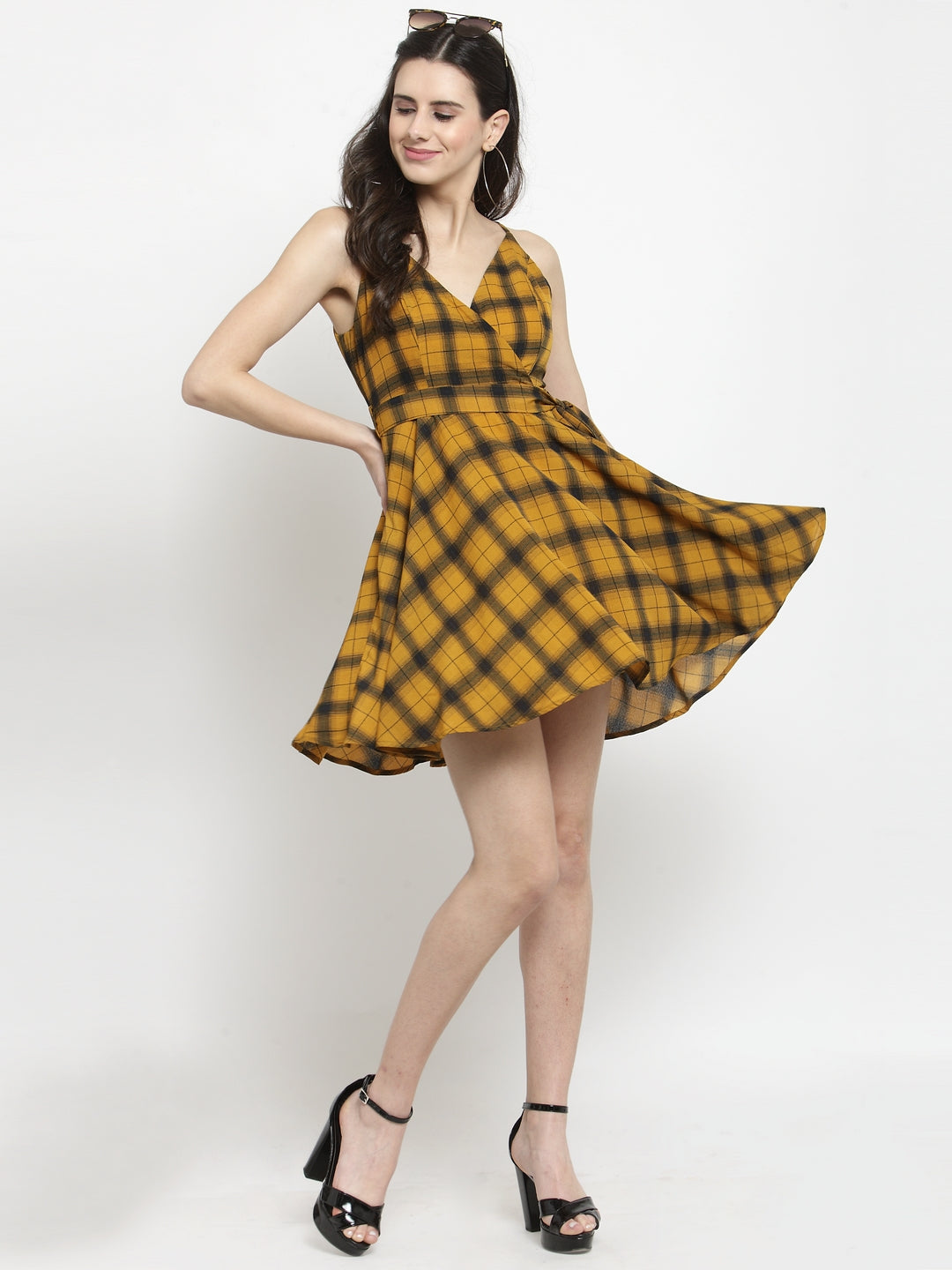 Women Mustard Checked Wrap Dress