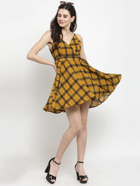 Women Mustard Checked Wrap Dress
