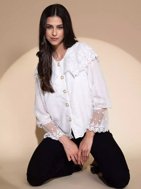 women white polyester embroidered shirt