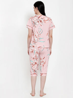 Women Pink Hosiery Printed Capri Night Suit