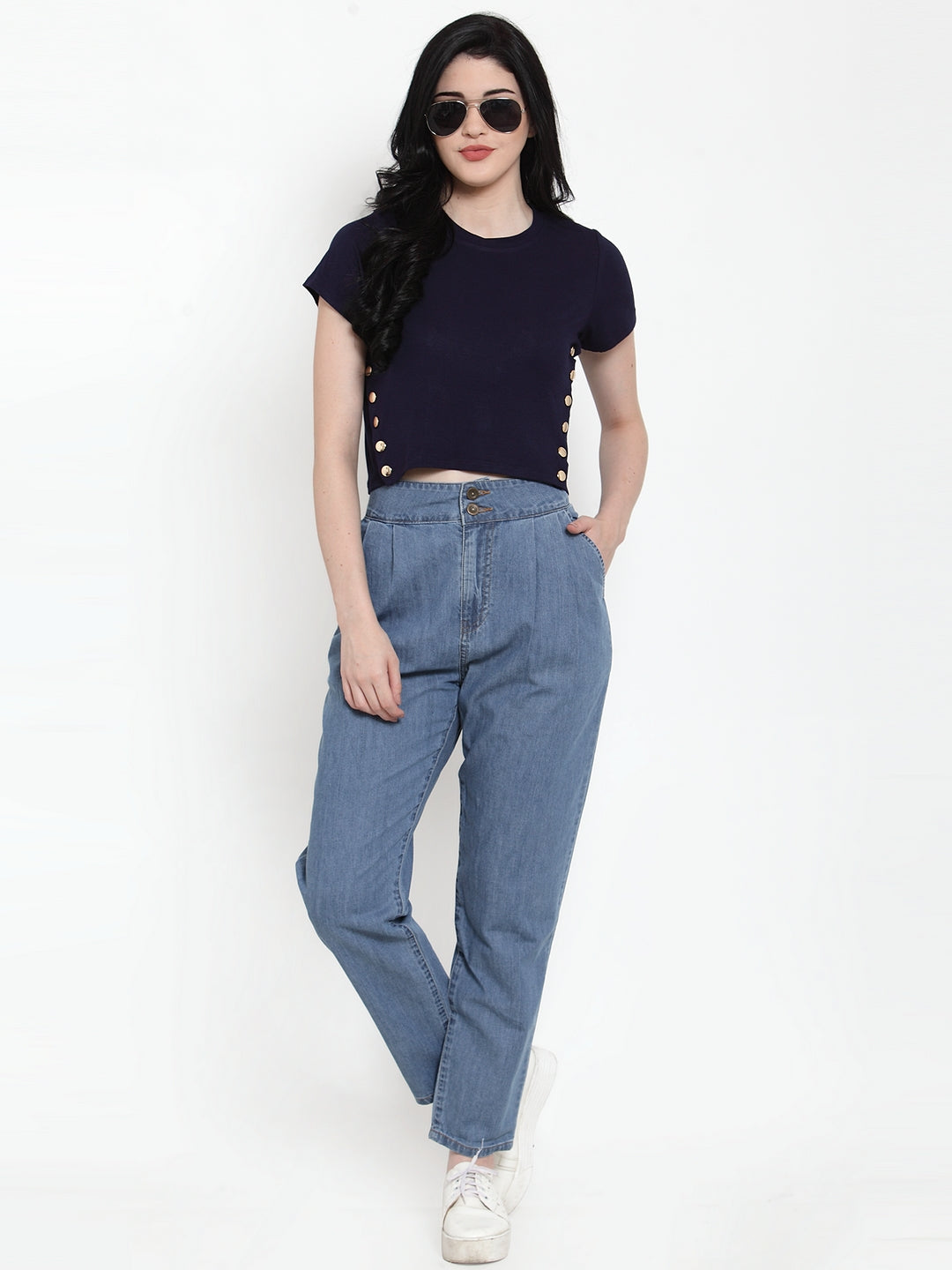 Women Blue Denim Solid Trouser