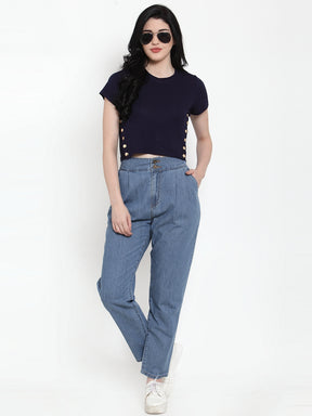 Women Blue Denim Solid Trouser