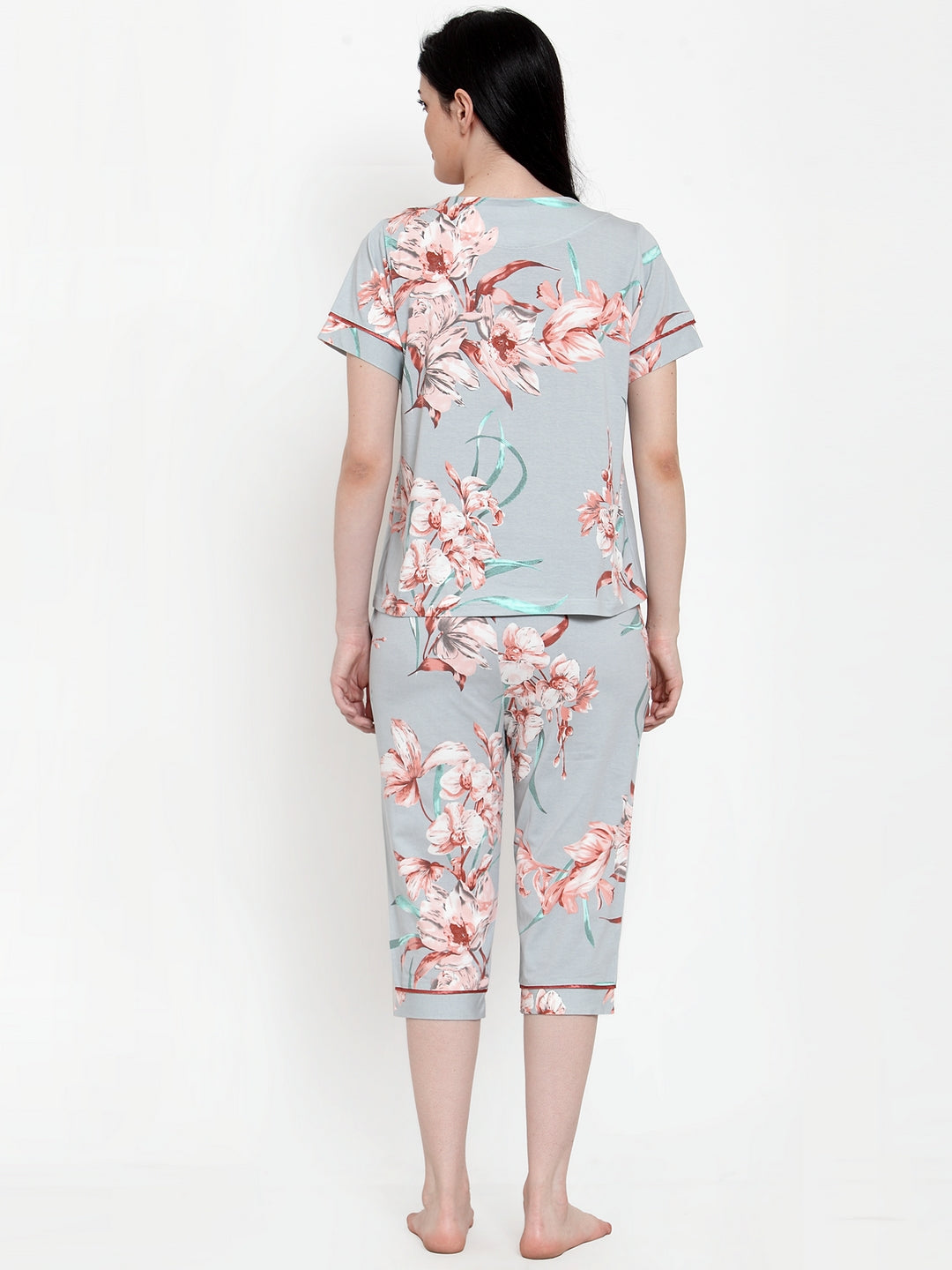 Women Green Hosiery Printed Capri Night Suit