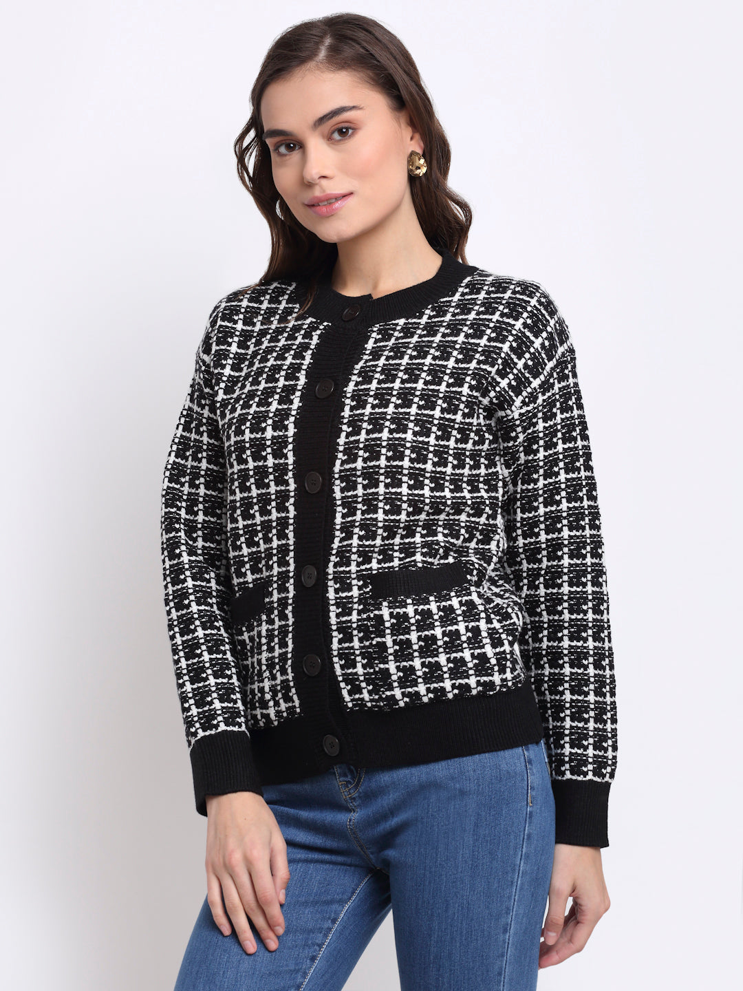 Black Round Neck Checked KNIT Cardigan