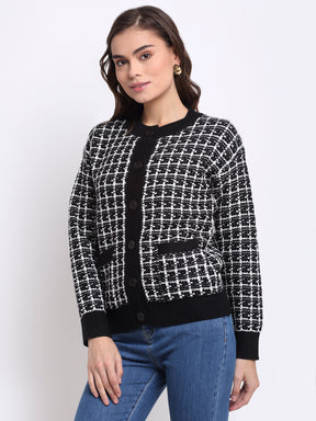 Black Round Neck Checked KNIT Cardigan