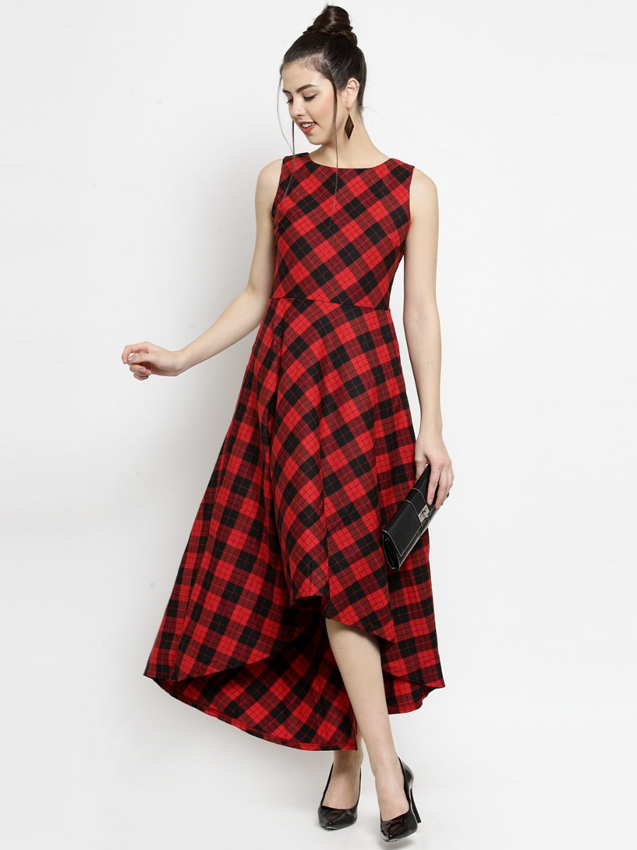 Women Checked Red Round Neck Maxi Dress