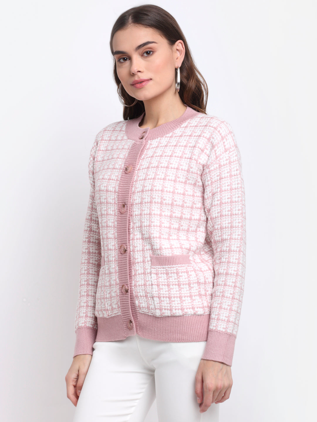 Buy Online Pink Round Neck Checked KNIT Cardigan