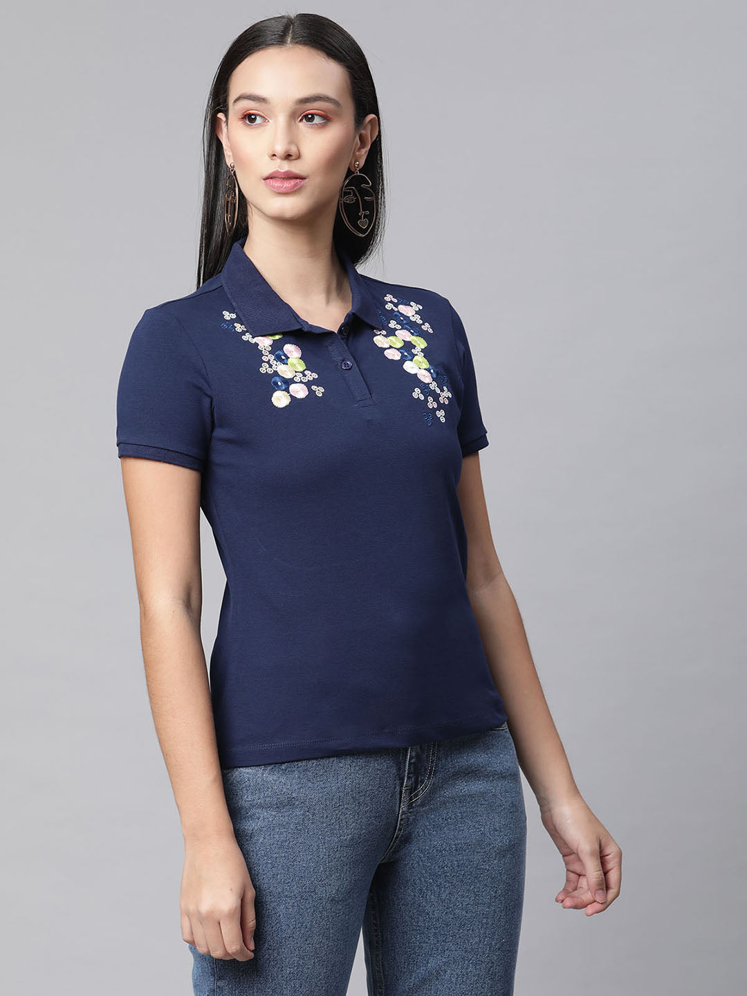 women navy blue polo embroidery t shirt