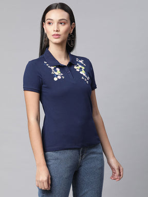 women navy blue polo embroidery t shirt