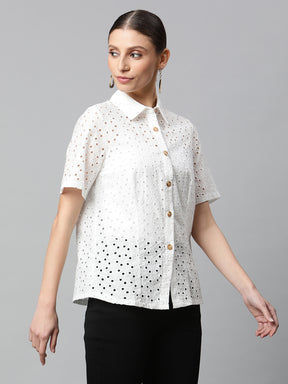 women white circle cut embroidered shirt