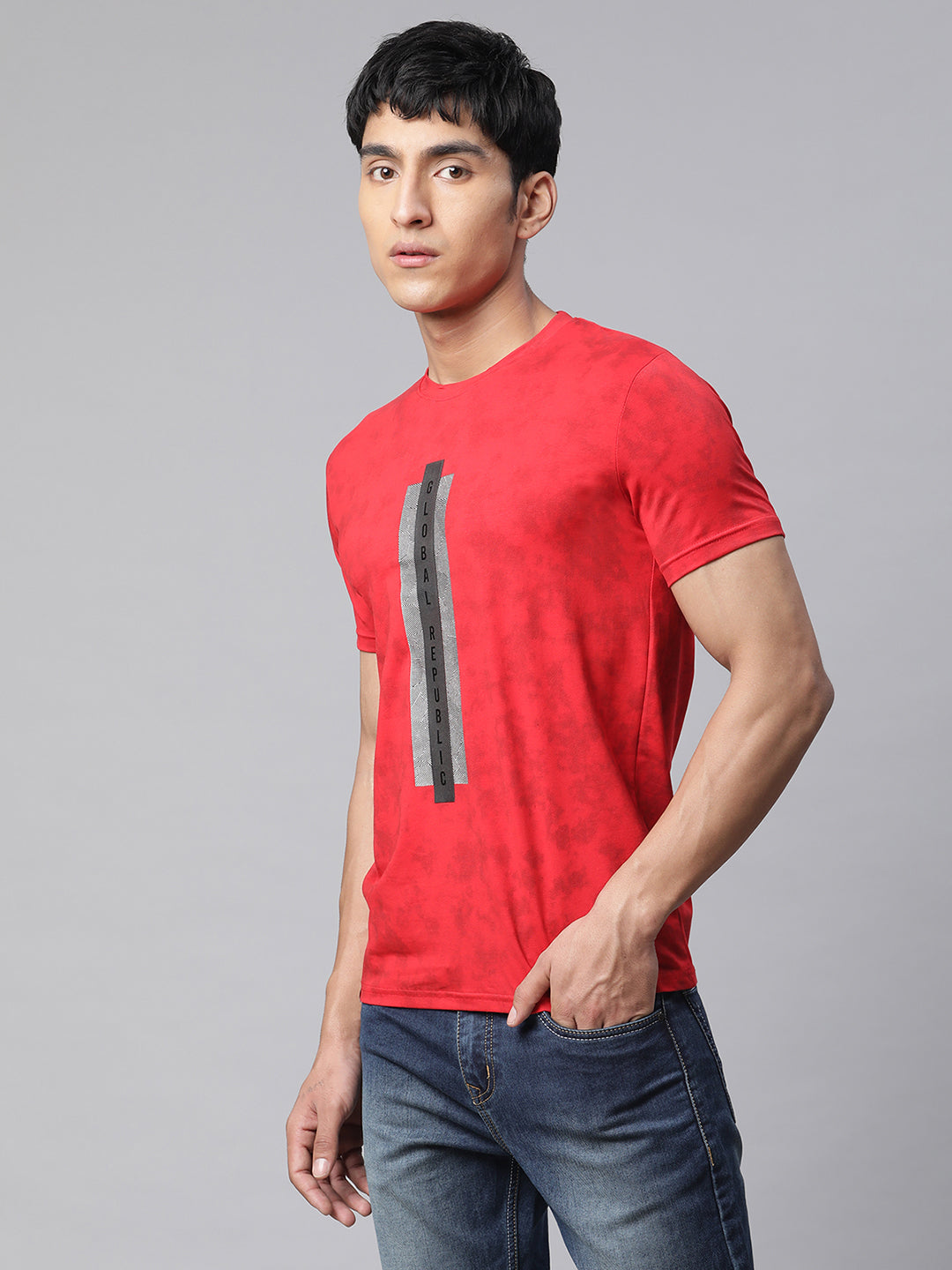 Men Red Alpha Printed Illusion T-Shirt - Global Republic