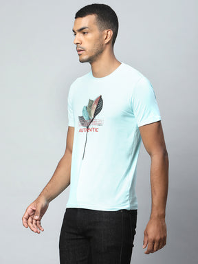 Men Sky Blue Leaf Alpha Printed T-Shirt